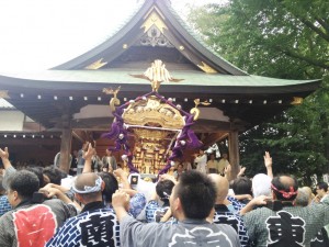 参集殿に向かってお神輿を大きく揺らしてます