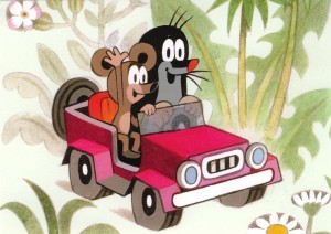 友だちのねずみ君と赤いオープンカーに乗っています!