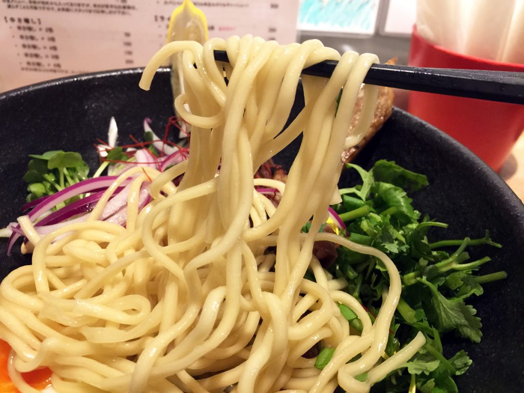 もっそりとした中細麺、つけ麺にはこの麺が合います