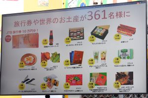 「さらに、スマホアプリでスタンプを集めると、抽選で旅行券や世界のお土産が361名様に当たります」