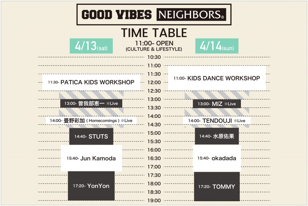 スペースシャワーTV主催フード&カルチャーイベント「GOOD VIBES NEIGHBORS」タイムテーブル