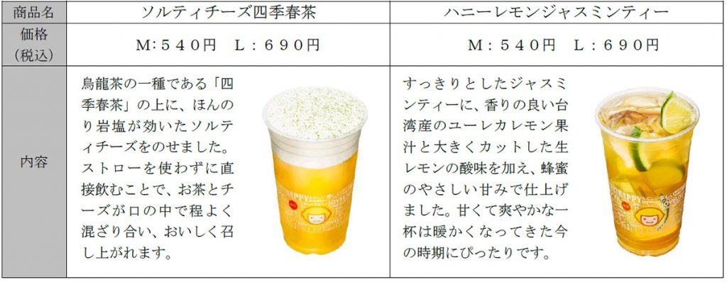 「ソルティチーズ四季春茶」「ハニーレモンジャスミンティー」について