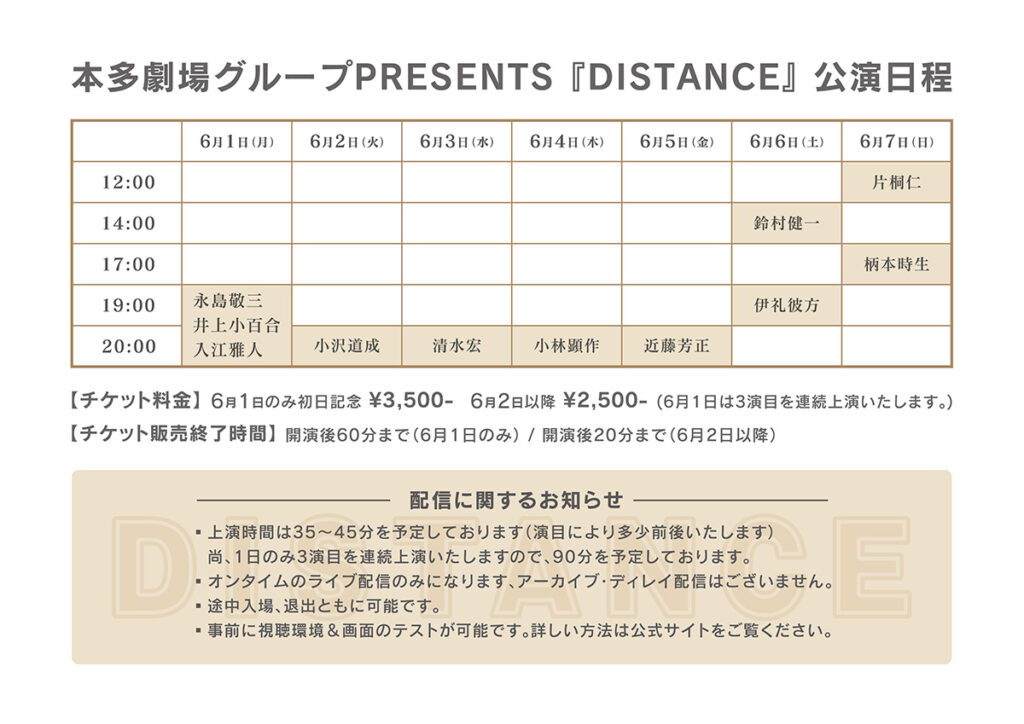 本多劇場グループPRESENTS 「DISTANCE」公演日程