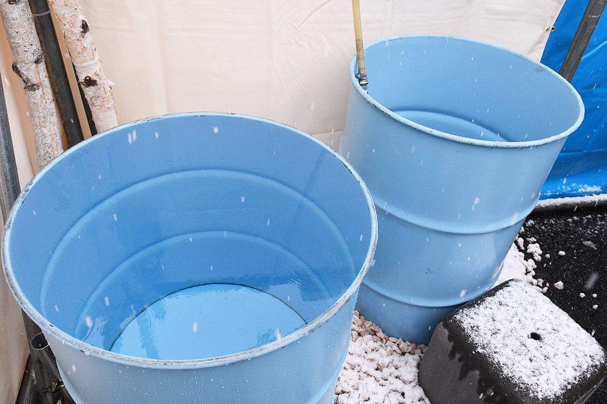 プライベートエリアの水風呂はドラム缶! これはヤバい、めっちゃ整うわーーー