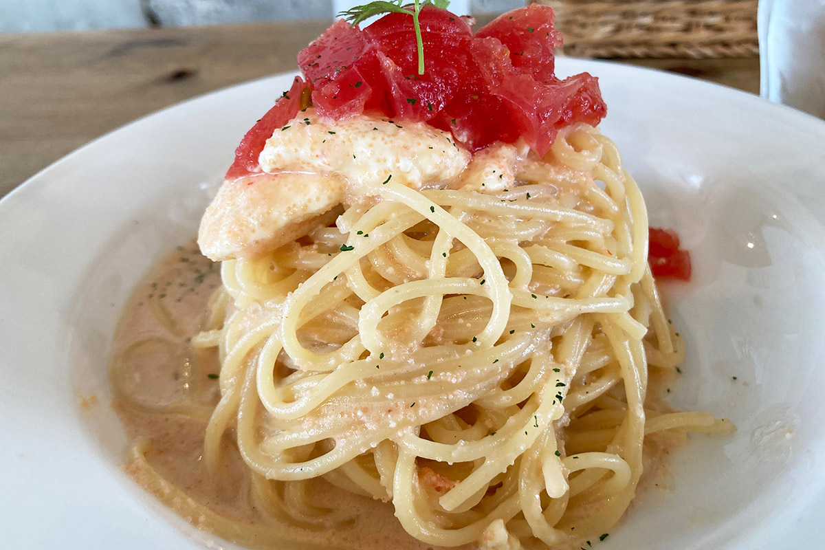 明太子パスタにトマトがたっぷり