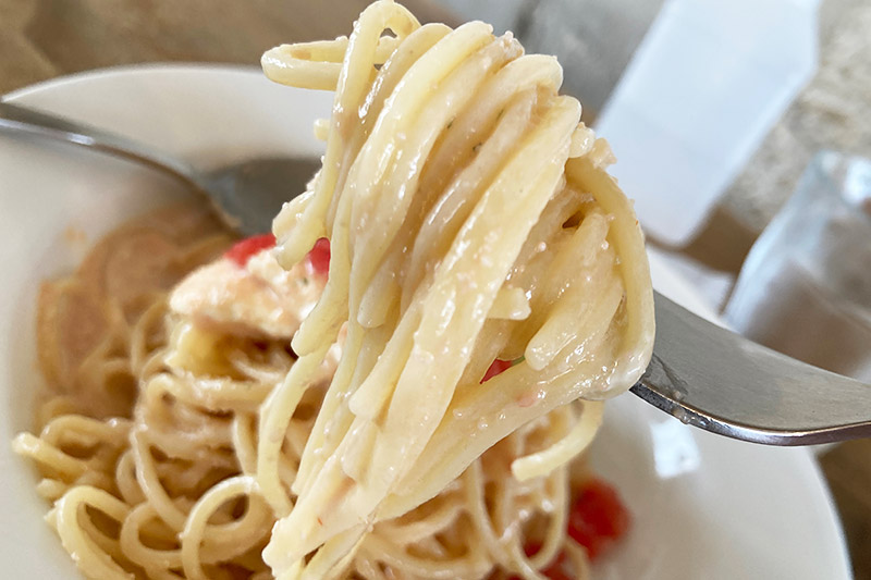 「クリームチーズとトマトの明太子パスタ」いただきます