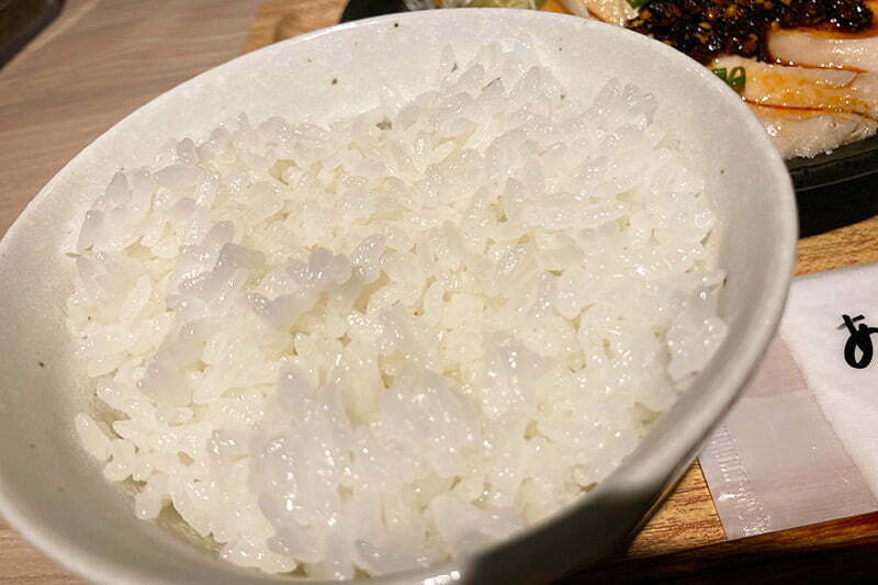 ライス普通盛り、茶碗が小さいので一般的な普通盛りよりは少なめ。大盛りや特盛りに無料でできます