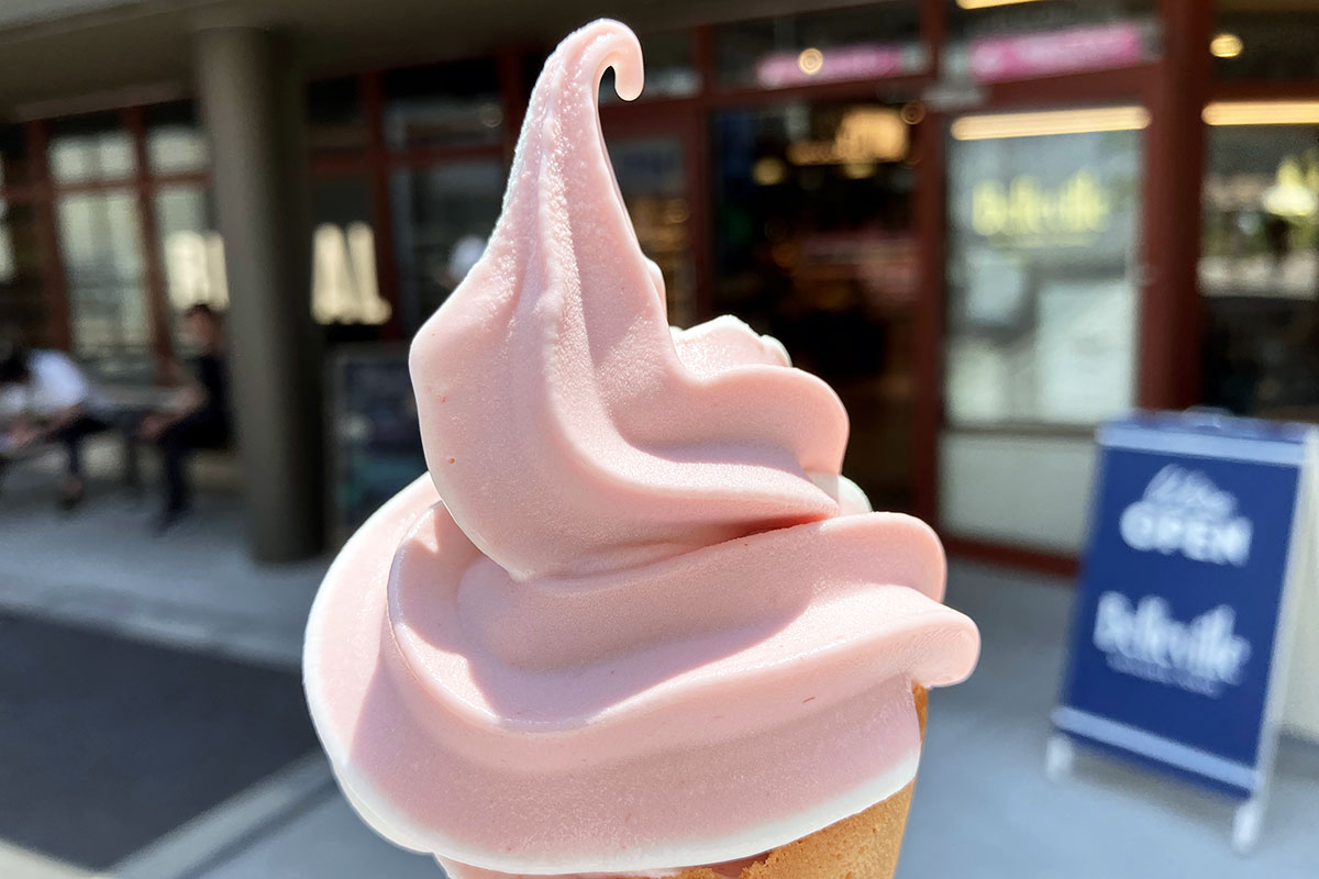 赤系でも暑い感じではなく、どことなく涼しげな色合いの「あまおう苺とクランベリーのWベリーソフト」