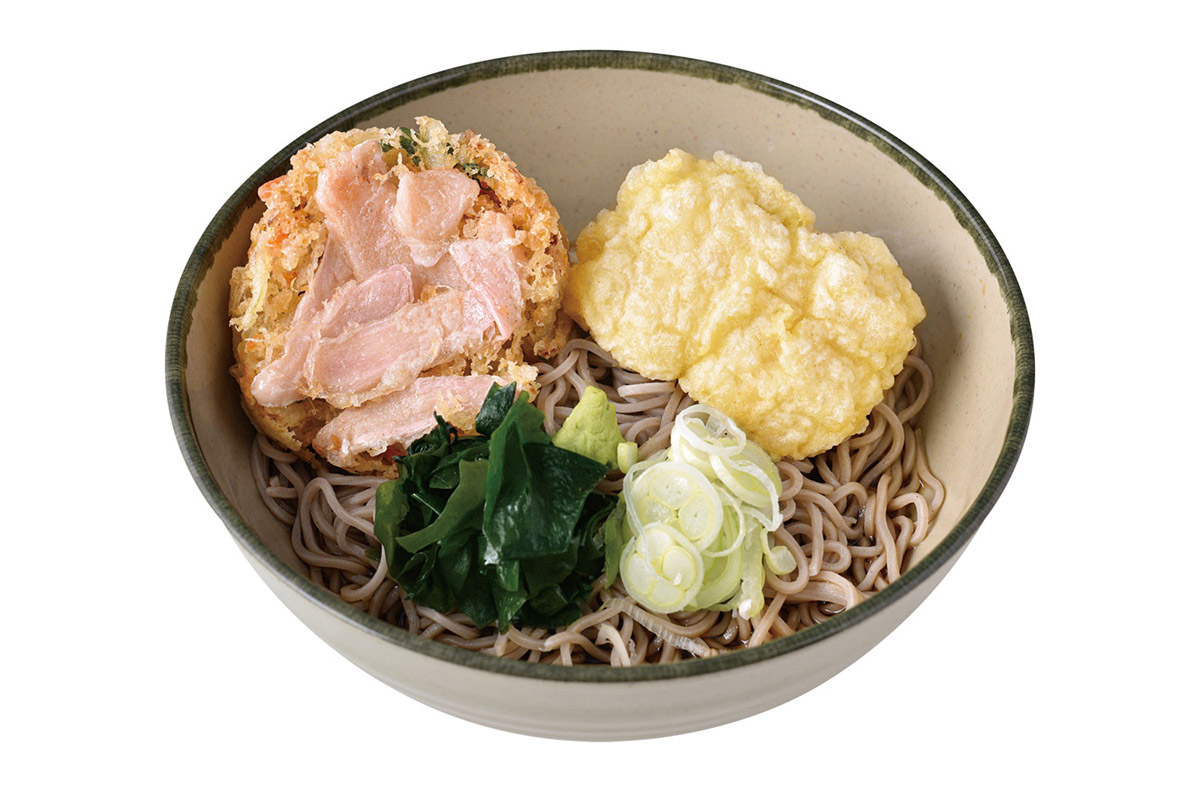 「岩下の新生姜®ミニかき揚げ天と鱧天（そば・うどん）」690円