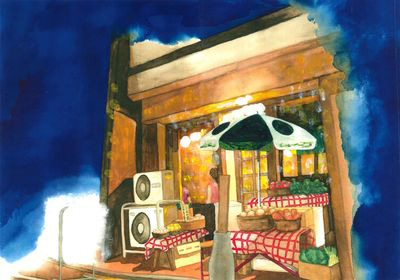 創業当初の1号店の様子。店内が狭いため外にまで所狭しと食材が並べられている。そうか、その頃からの伝統でもあるのですね～。