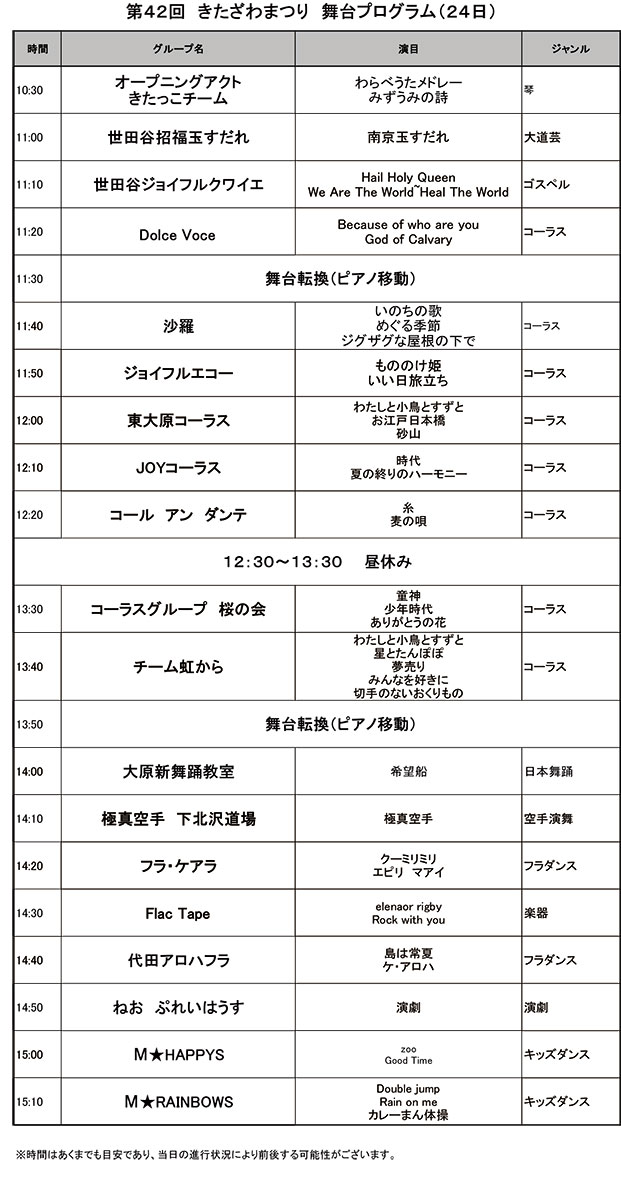 「第42回きたざわまつり」24日の舞台プログラム