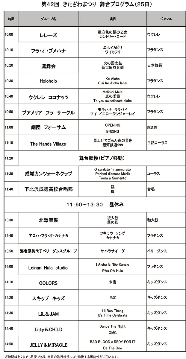 「第42回きたざわまつり」25日の舞台プログラム